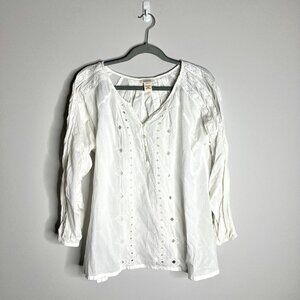 Sundance White Eyelet Lace Boho Cottagecore Button-Up Top 100% Cotton Granola L
